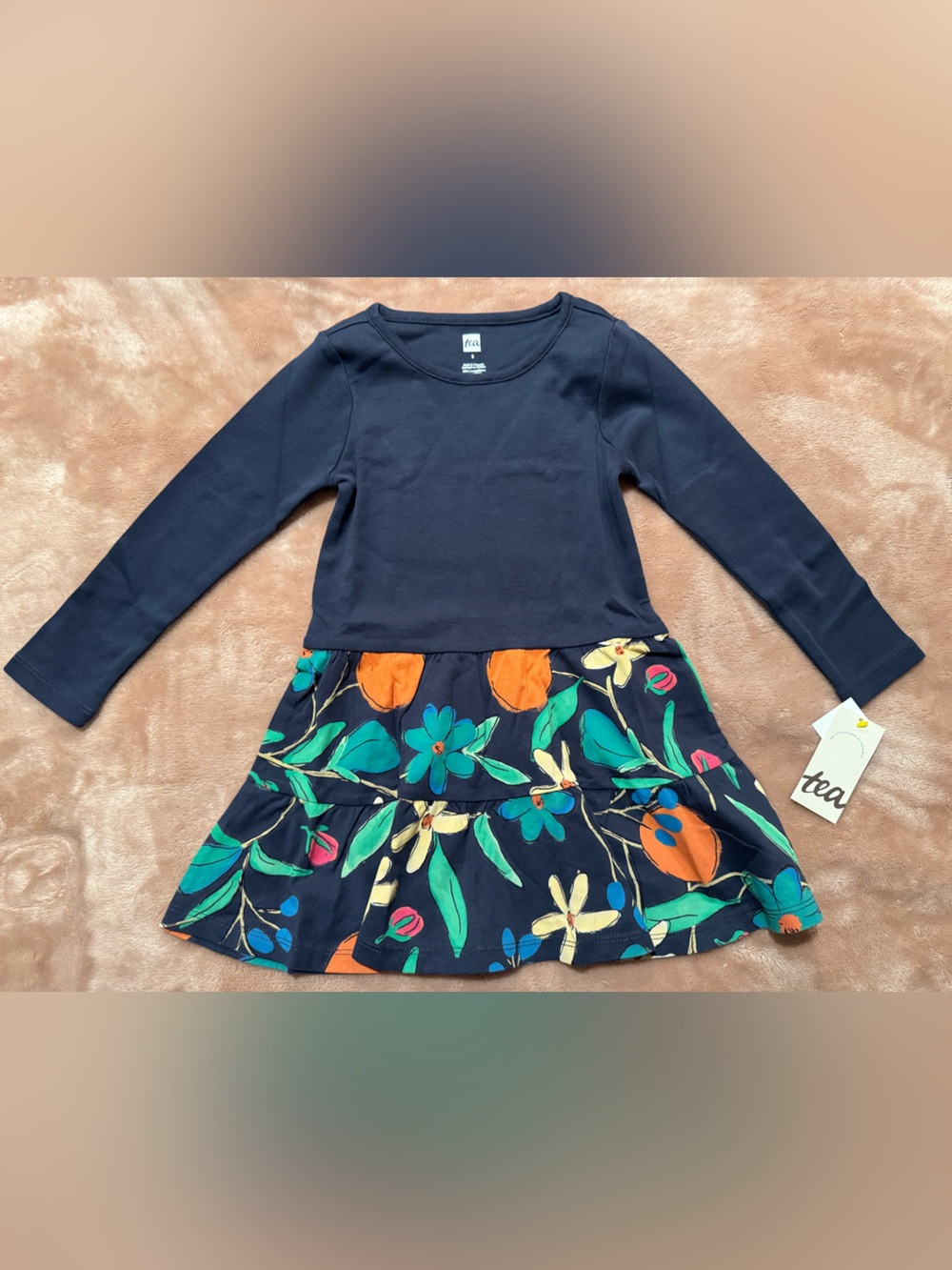 NWT Tea Collection 100% Cotton Tiered Skirted Twirl Dress, Navy Floral, Size 3